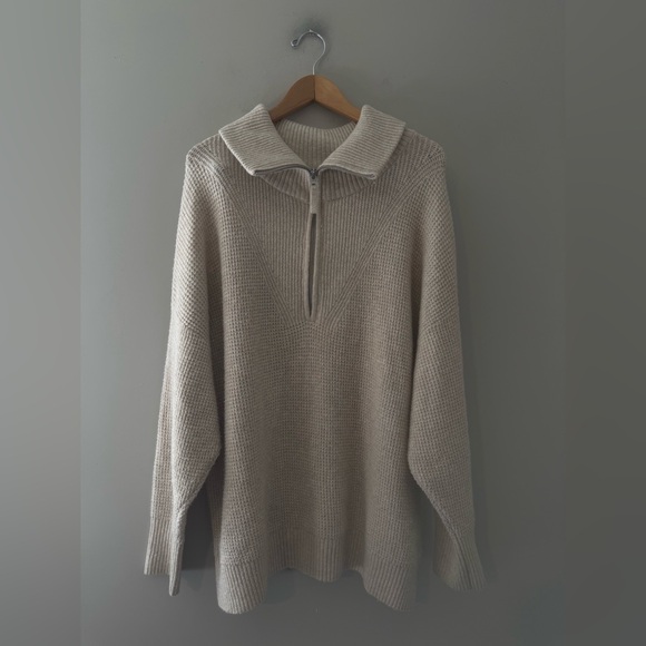 Aerie CozyUp Waffle Knit Quarter Zip Pullover Sweater - Cream - Large - Picture 4 of 6